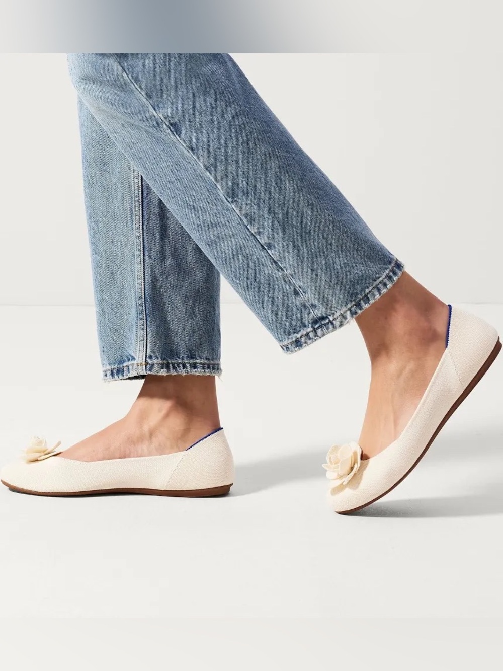 Rothy's Cream Ballet Flats with Blue Trim and Floral Accent